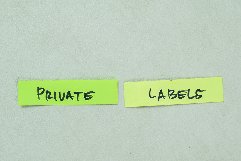 Two yellow sticky notes on a light surface. Left note reads "PRIVATE," right reads "LABELS," both in bold black letters.