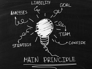 Chalkboard with a lightbulb sketch labeled "MAIN PRINCIPLE." Words like "GOAL," "TEAM," and "STRATEGY" radiate around it.