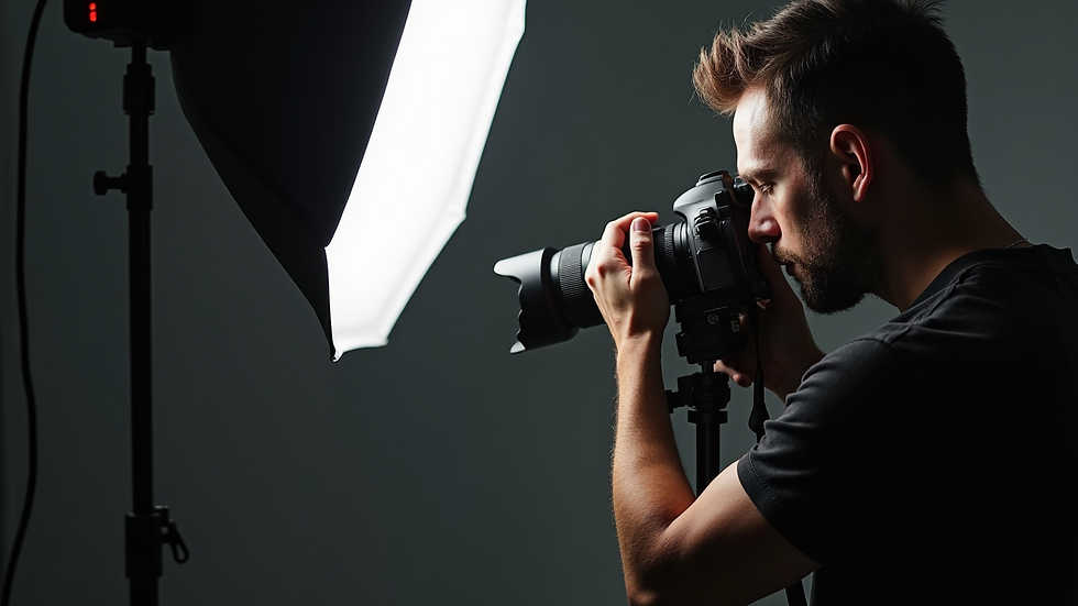 Close-up view of a professional photographer adjusting lighting equipment in a studio