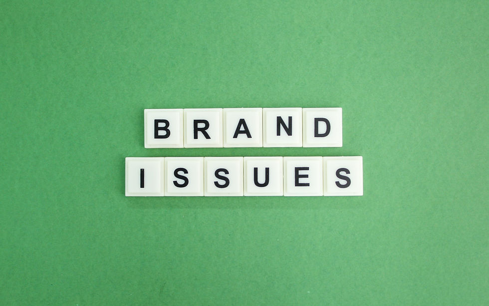 White letter tiles spell "BRAND ISSUES" on a green background, conveying a business-related theme.