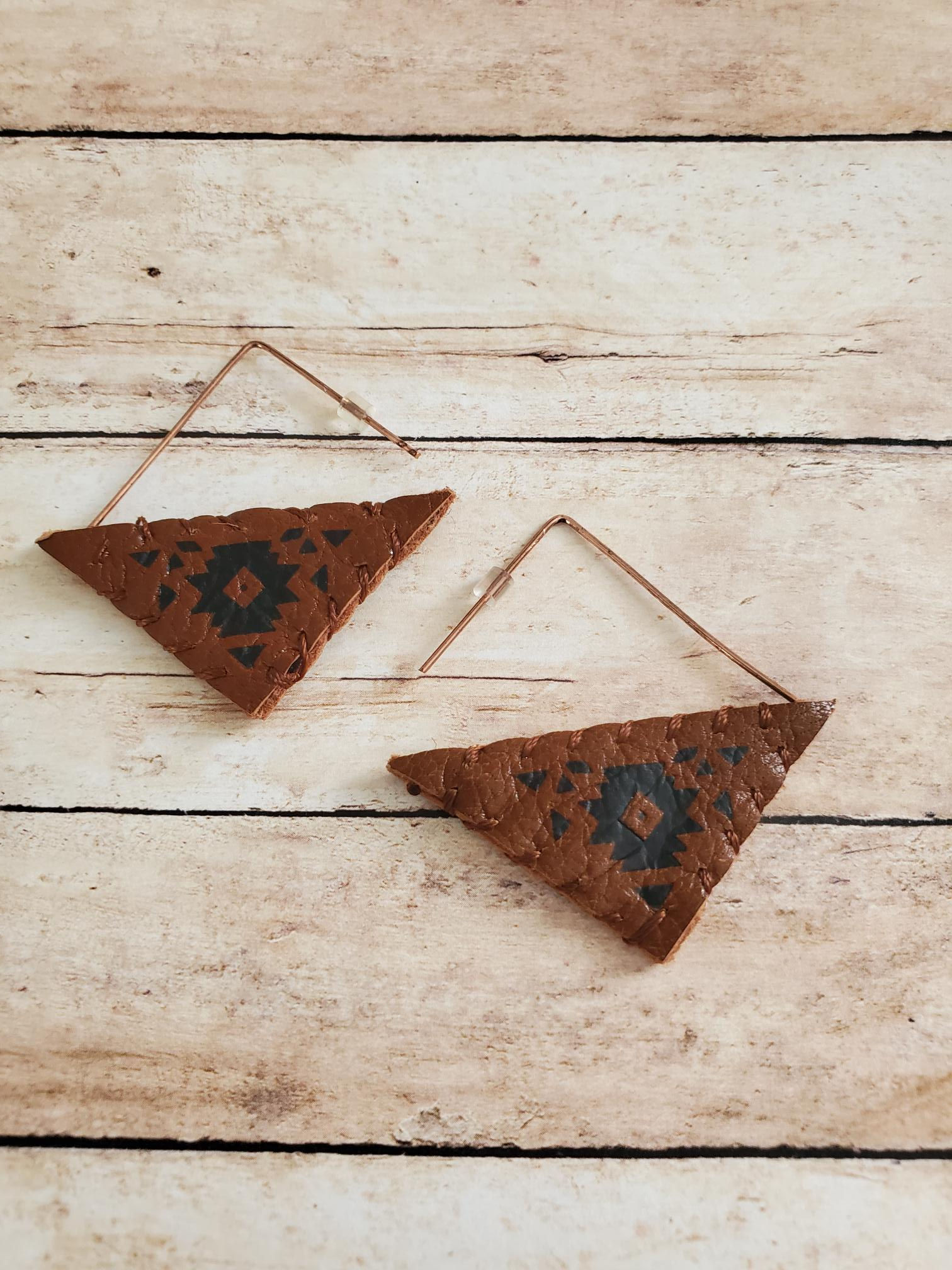 Brown Leather Triangle Earrings, Aztec Style, Geometric Jewelry