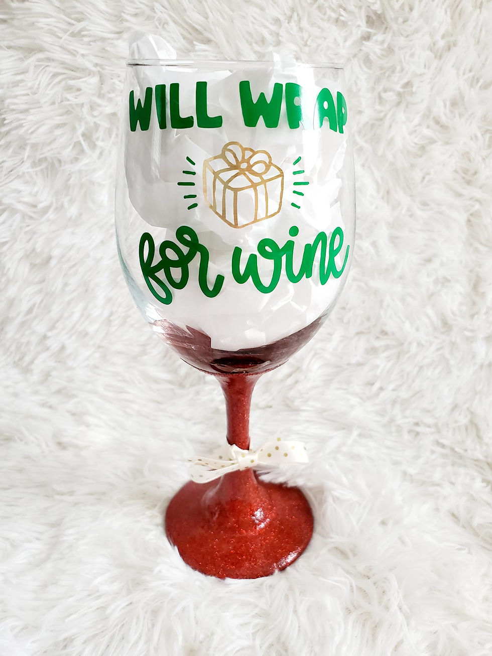 Will Wrap For Wine Christmas Red Glittered Stemmed Wine Glass
