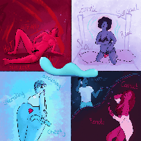 a gif od a blue ruby glow blush wand spinning - like a wheel of fortune, over image of a series of 4 illustrations by Hazel Mead - the first shows a nude figure lying back pleasuring themself with a Ruby Glow wand - red image - next purple image of woman riding the ruby glow ride on sex toy on her bed wearing undies, lilac tones, next a person looks cheekily over their shoulder holding the wand part of the toy to their bottom - with words, cheeky bum fun around, last image dark blue hues with a couple showing the remote control in use for partnered pleasure.