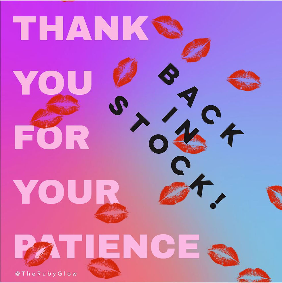 purple background with lip kisses in red - words: thank you for your patience - back in stock!