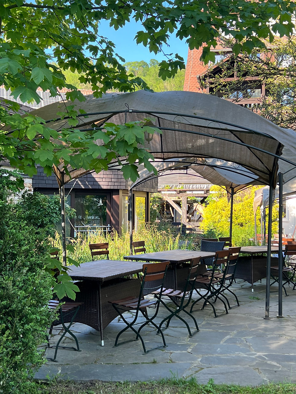 Die Bäume spenden viel Schatten auf der Außenterrasse des Restaurants
