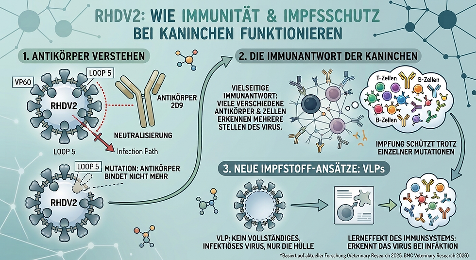 Die Forschung zeigt: Antikörper wie 2D9 erkennen gezielt bestimmte Strukturen des RHDV2, beispielsweise Bereiche des Hüllproteins VP60 wie den sogenannten Loop 5 (1). Veränderungen an solchen Stellen können dazu führen, dass einzelne Antikörper schlechter binden. Die Immunantwort des Kaninchens beruht jedoch auf vielen verschiedenen Antikörpern und Immunzellen, die unterschiedliche Strukturen des Virus erkennen. Dadurch kann der Impfschutz auch gegenüber veränderten Virusvarianten erhalten bleiben (2). Neue Impfstoffansätze nutzen zudem virusähnliche Partikel, sogenannte VLPs. Sie ähneln dem Virus äußerlich, sind aber nicht infektiös und können das Immunsystem gezielt auf den Erreger vorbereiten (3).