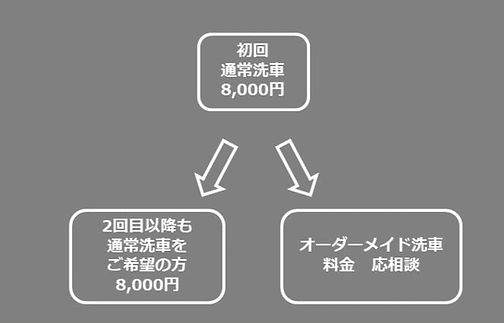 KOIKOI DETAILINGの洗車メニュー。メニューは2つのみ。初回のお客様は、すべて8,000円(税込)の通常洗車を選択。2回目以降は、通常洗車とオーダーメイド洗車の選択が可能。