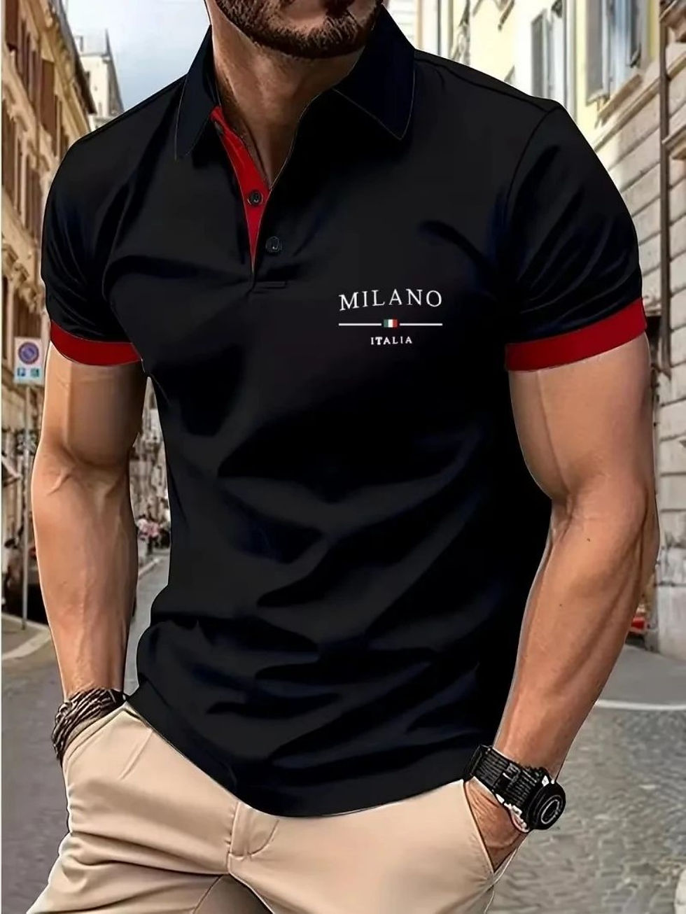 Miniatura: Camisa masculina minimalista de verão com estampa italiana