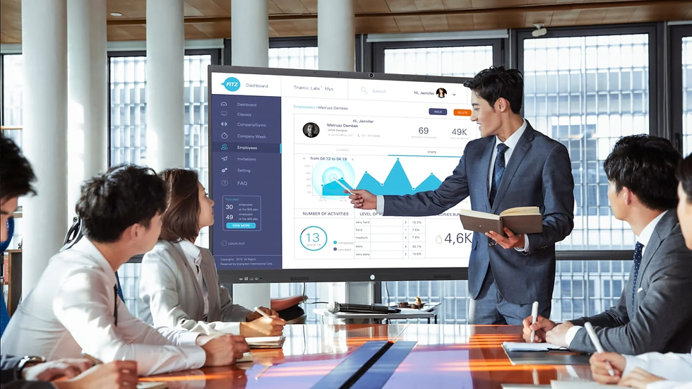 Business team holding meeting with XFOX XF-AIO interactive LED smart conference TV
