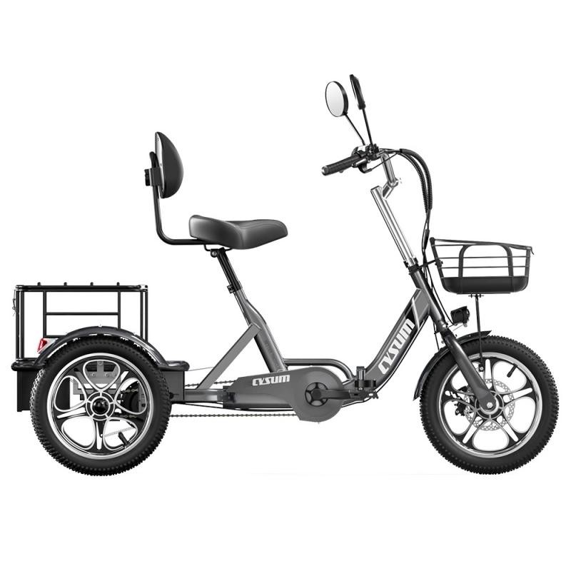 Grey electric tricycle with basket, seat, and rear carrier; Geekmaxi E-Bikes Review 2025