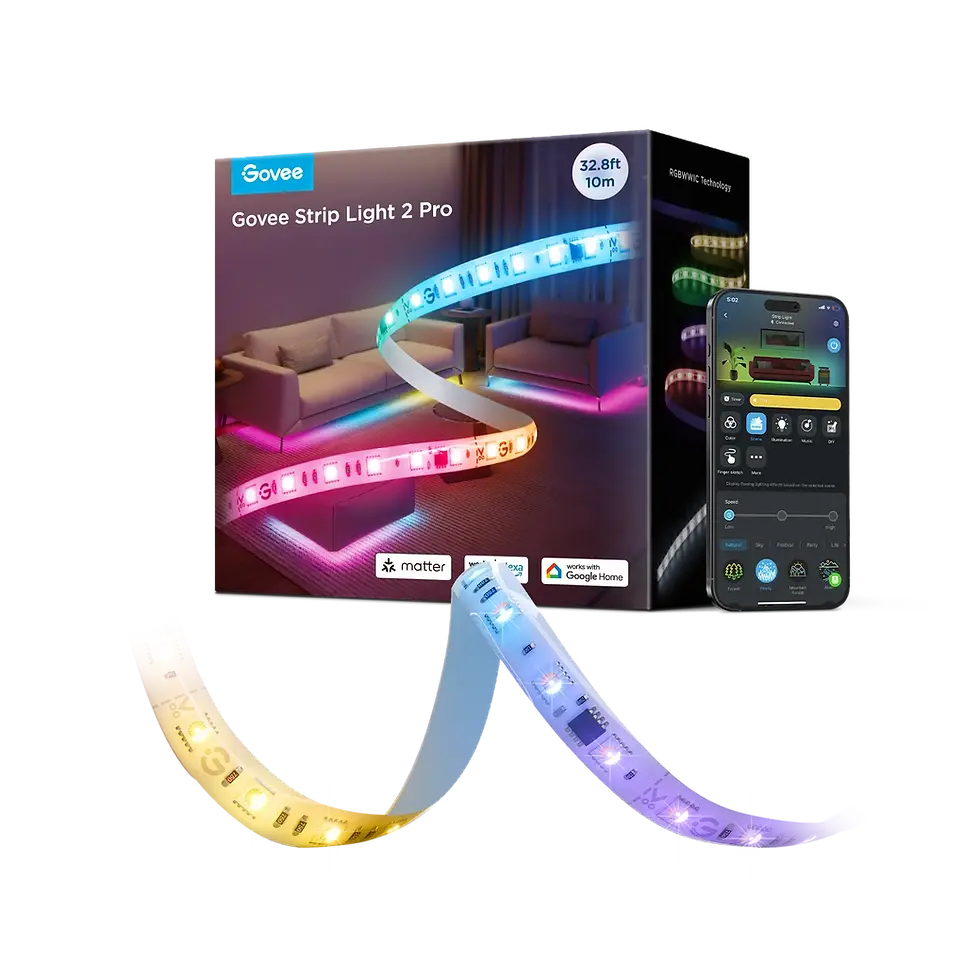 Govee Smart LED strip lights and a smartphone, Home Strip Light 2 Pro. Make Your Home Smarter with Govee Smart LED Lights