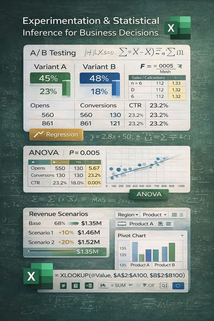 Statistical dashboard showing A/B test results, hypothesis testing outputs, ANOVA summary, and regression plot for business decision-making.