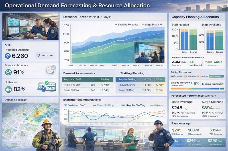 Human-centered operational demand forecasting dashboard showing predicted service demand, staffing capacity, utilization rates, and resource allocation scenarios, with time-series forecasts, KPI cards, and city-level visualizations.