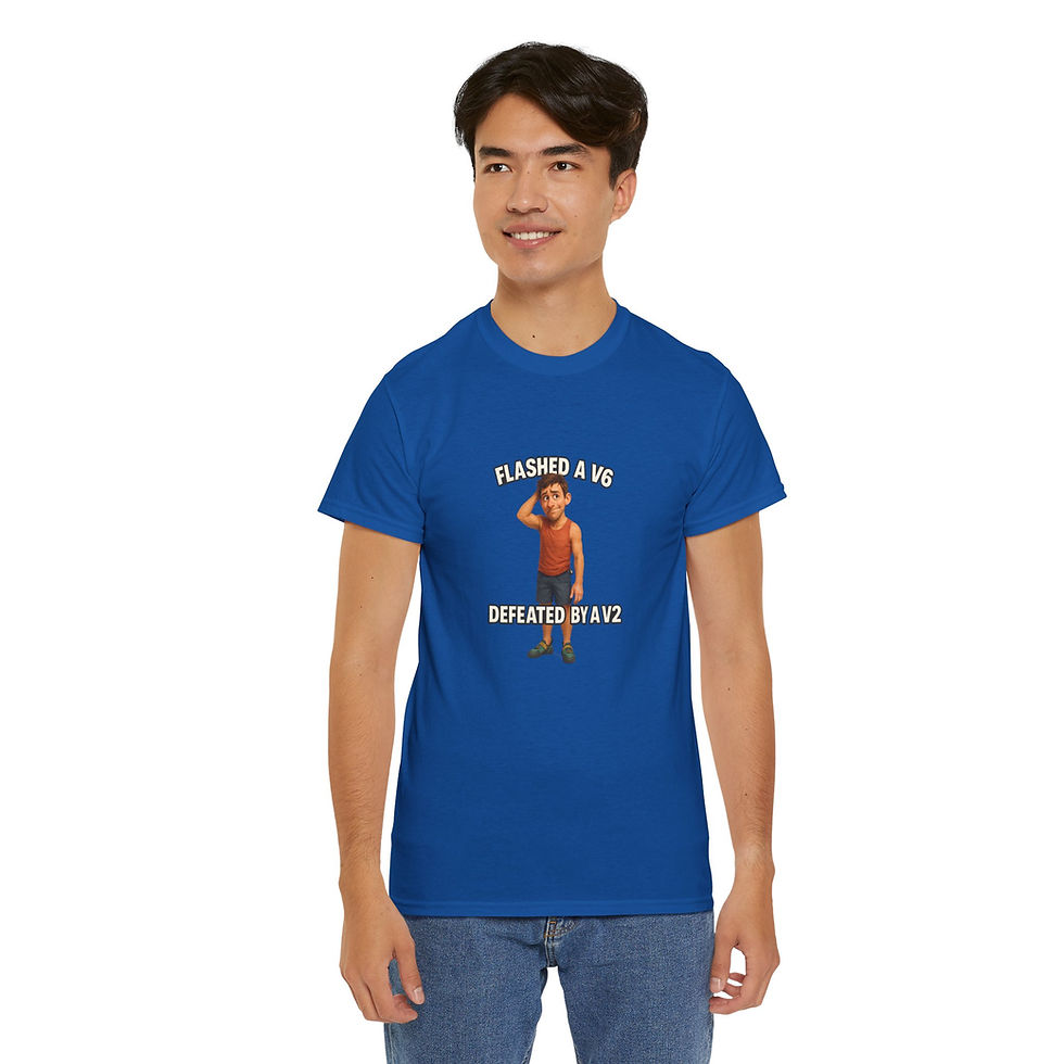 Thumbnail: Funny Climbing T-Shirt – Flashed V6, Defeated by V2 (Male Character)