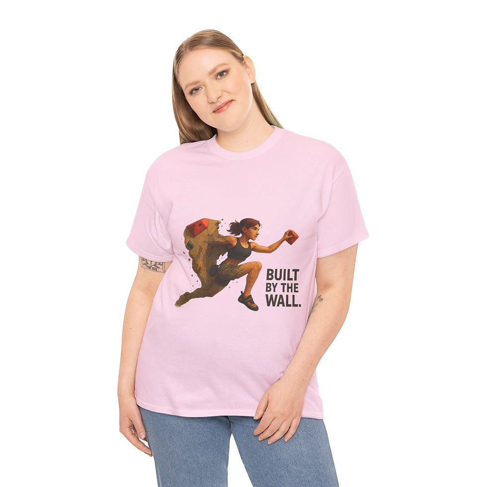 Thumbnail: Funny Climbing T-Shirt – Built by the Wall (Female Character)