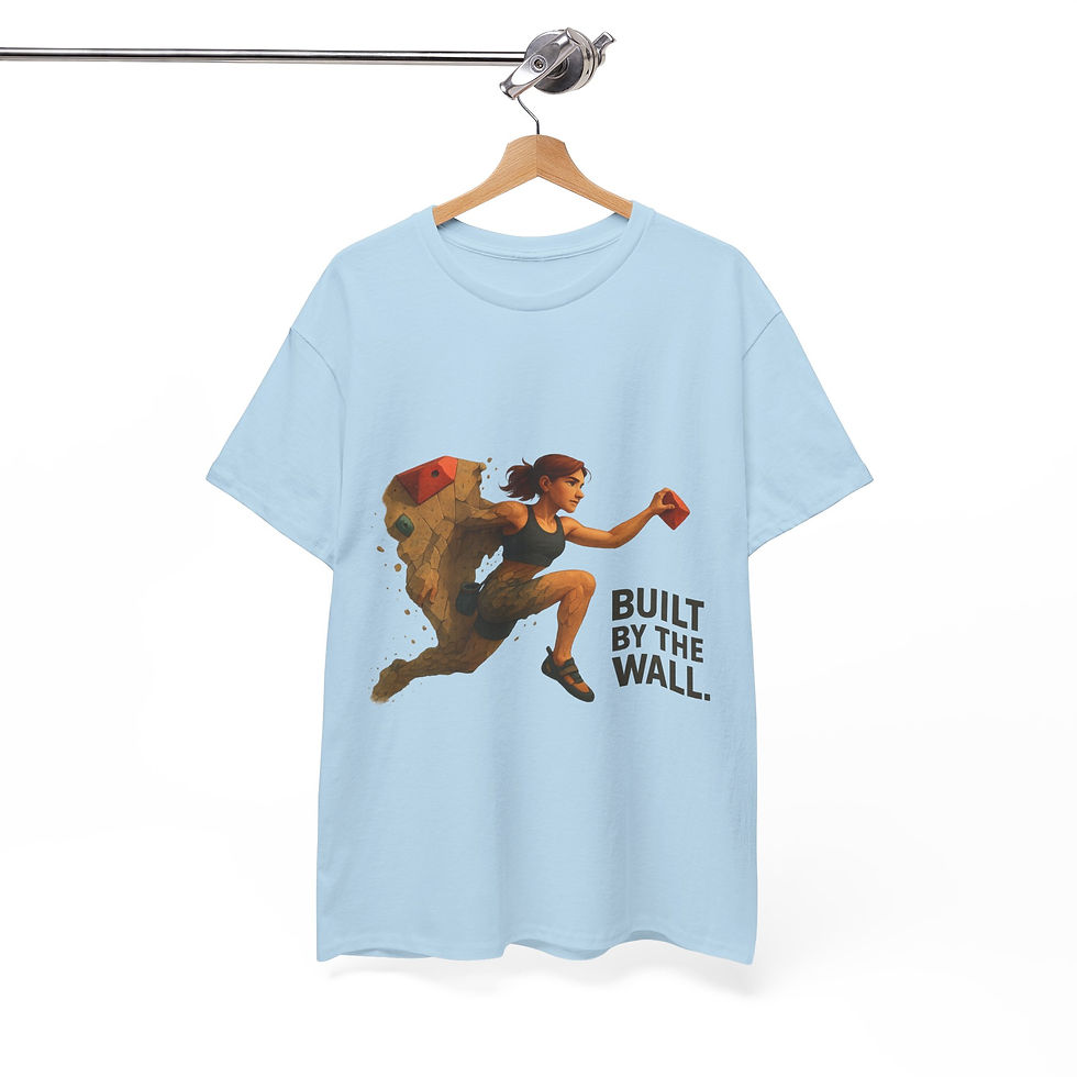 Thumbnail: Funny Climbing T-Shirt – Built by the Wall (Female Character)