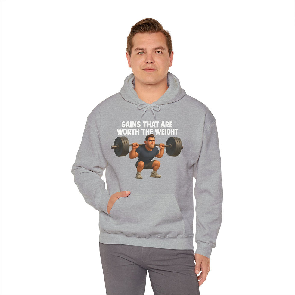 Thumbnail: Funny Gym Hoodie – Gains That Are Worth the Weight (Male Character)