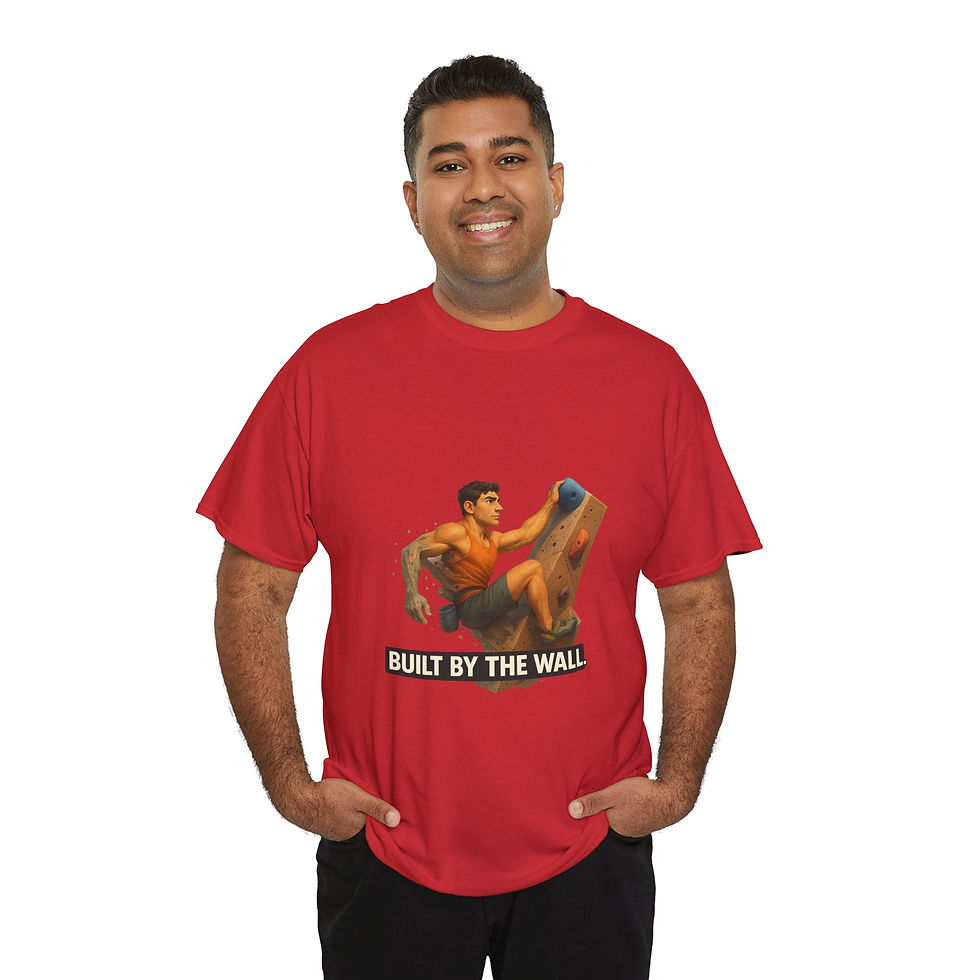 Thumbnail: Funny Climbing T-Shirt – Built by the Wall (Male Character)