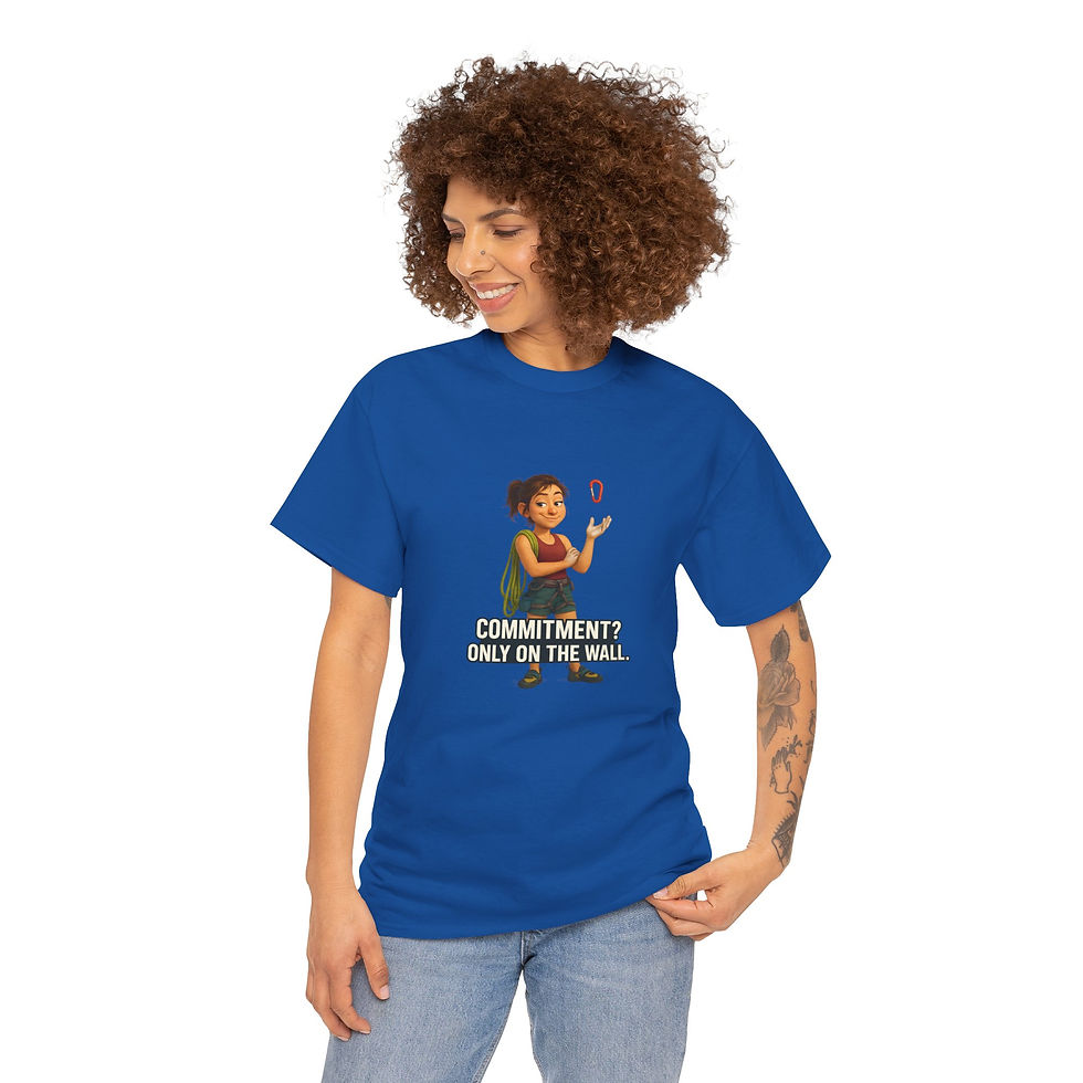 Thumbnail: Funny Climbing T-Shirt – Commitment? Only on the Wall (Female Character)