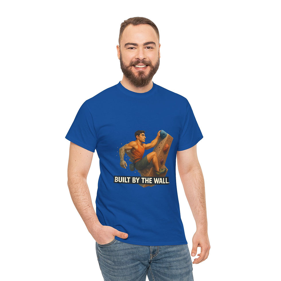 Thumbnail: Funny Climbing T-Shirt – Built by the Wall (Male Character)