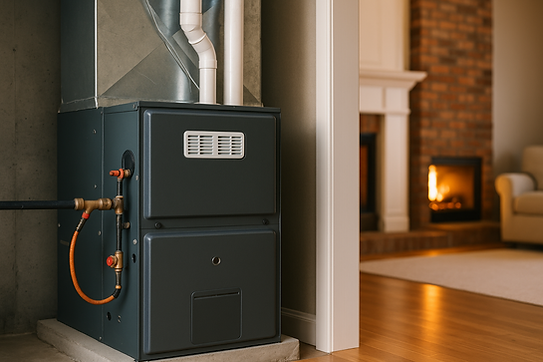 a picture of a furnace in a warm home with a fireplace lit
