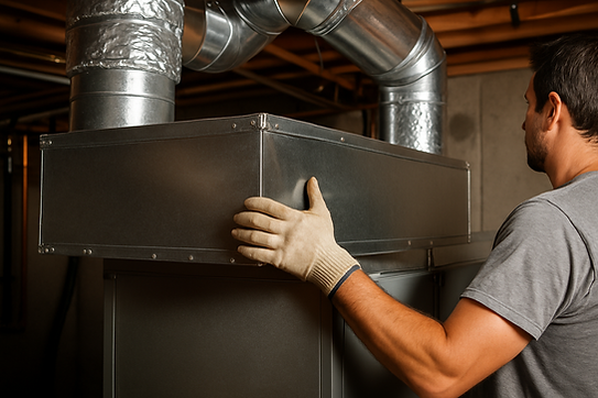 a picture of a tech working on installing ductork on an hvac unit