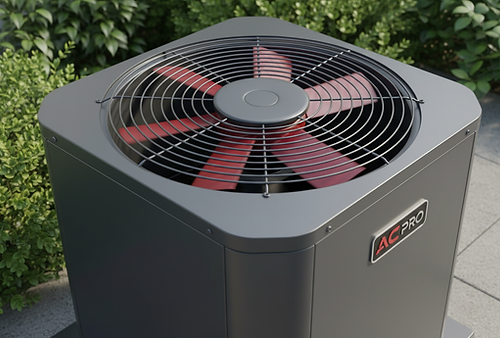 a picture of a heat pump unit beside grees bushes on concrete