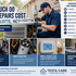 HVAC technician repairing outdoor air conditioner with chart showing typical AC, furnace, and heat pump repair cost ranges in Charlotte NC