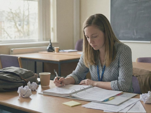 a women sitting at a desk doing paperwork