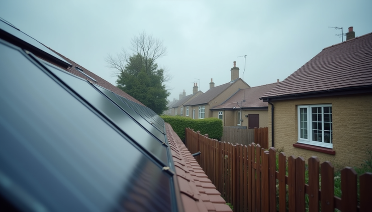 Eye-level view of solar panels installed on a pitched roof in a residential area of Northern England