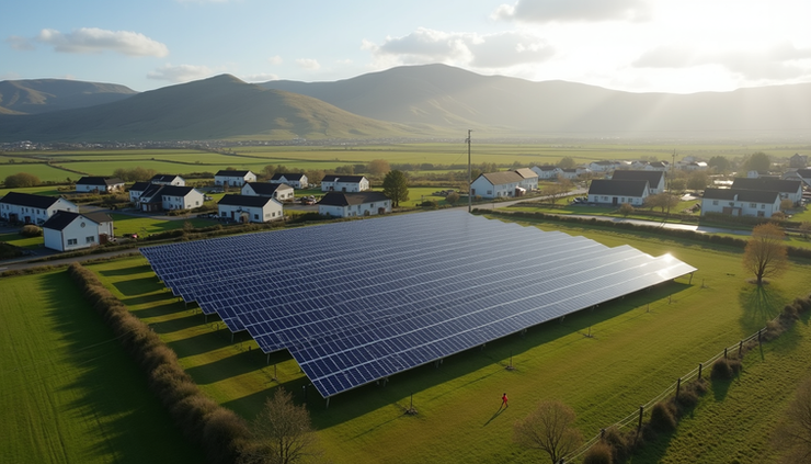 High angle view of a solar farm near a residential development in rural Scotland