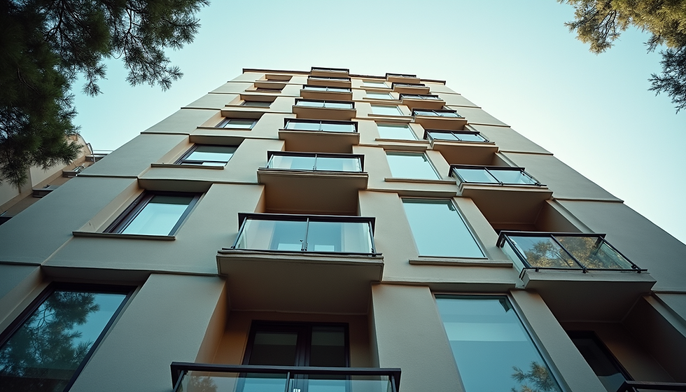 Modern apartment building with balconies, eye-level view