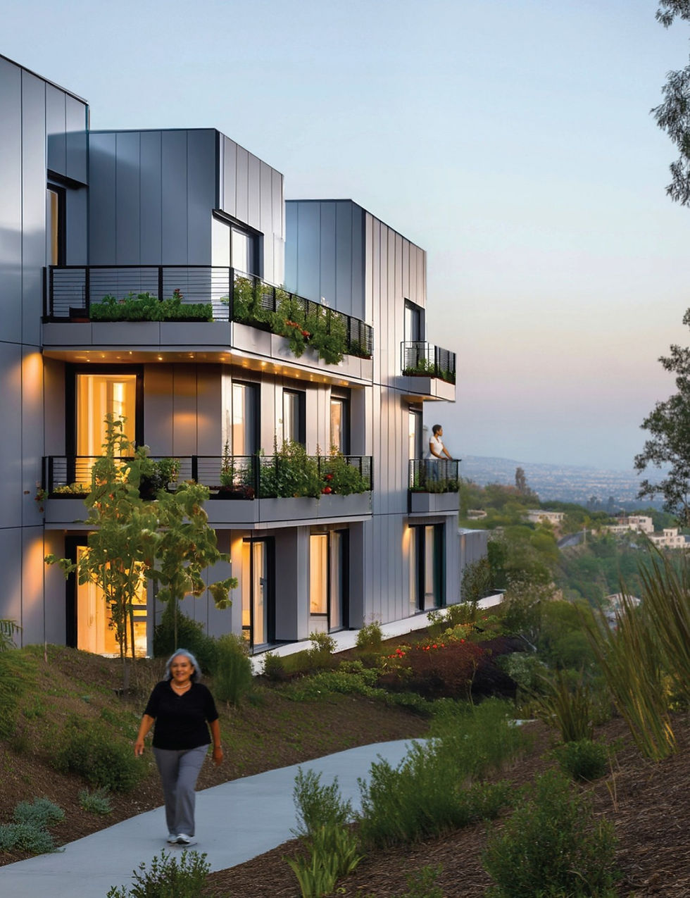 Eye level view of future age-in-place housing (Pacific Palisades, CA). Rendering by FFF.