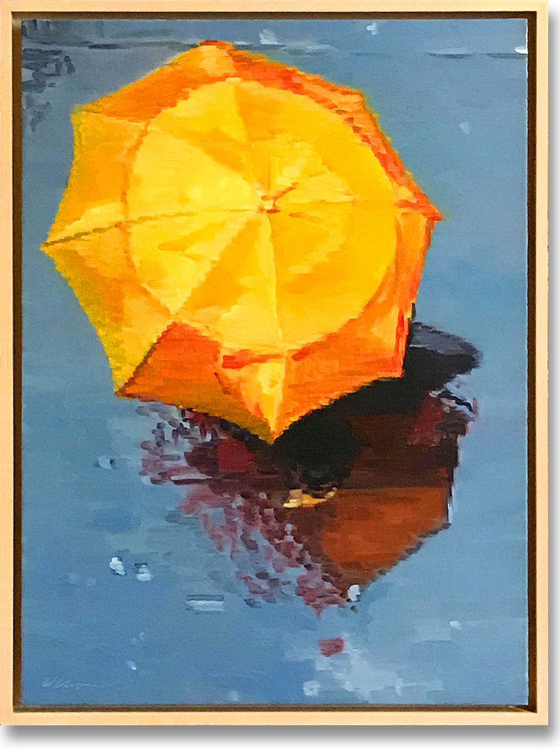 Woman under Orange Umbrella Running in the Paris Rain