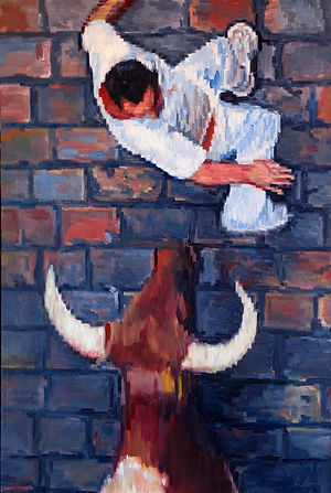 commission aerial portrait figurative painting of man running away from bulls in the Running of th Bulls