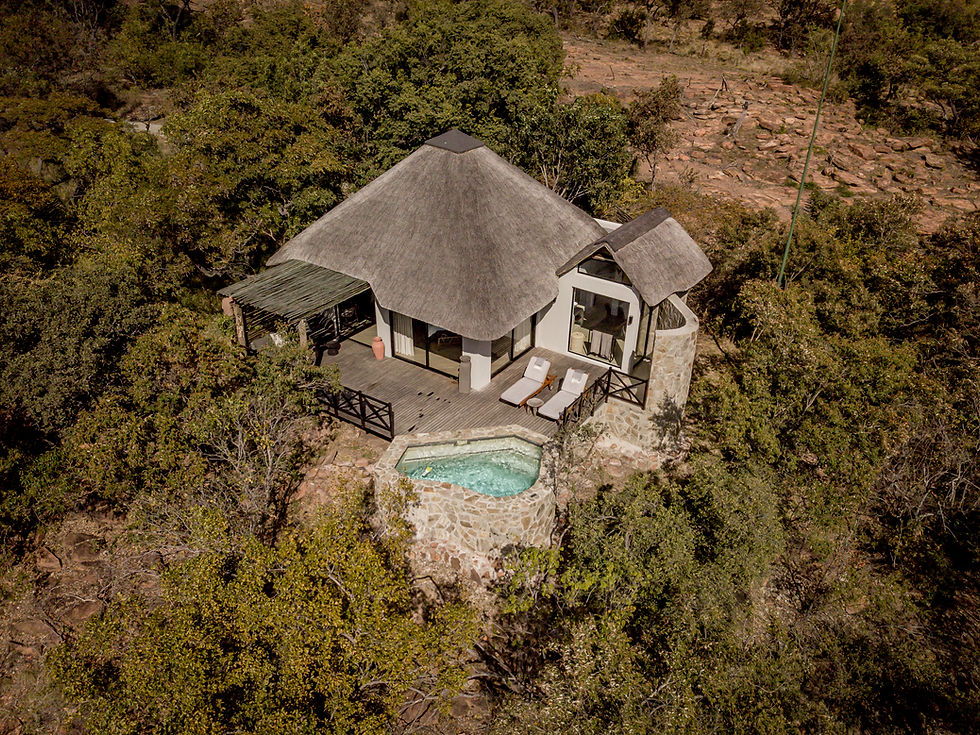 Aerial view of a private suite with plunge pool at Laluka Safari Lodge, a luxury safari lodge in the malaria-free Welgevonden Game Reserve, South Africa