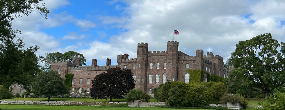 Stately Scone Palace with extensive grounds overlooking the River Tay, historic coronation site of Scottish kings