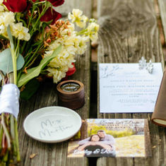 Flat lay of wedding day details.