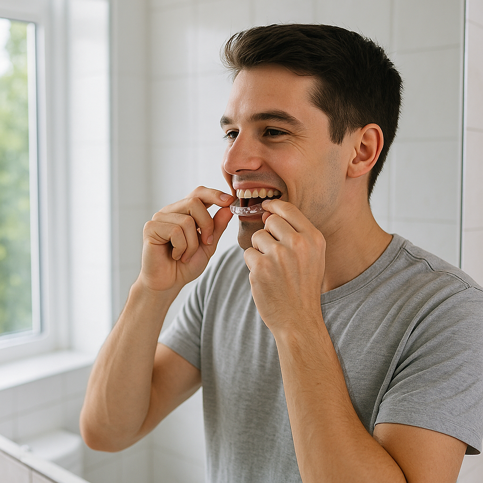 A man trying to wear aligners
