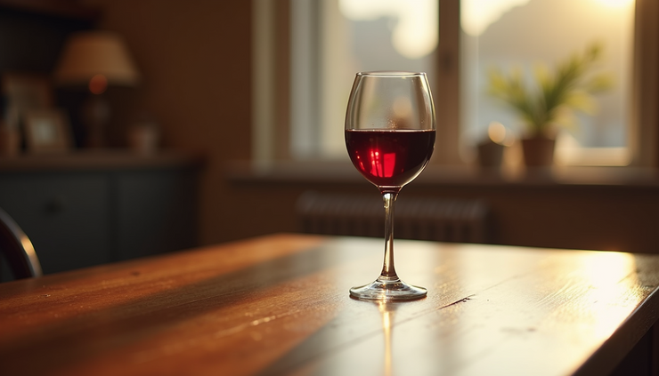 Close-up view of a wine glass on a wooden table with a blurred background