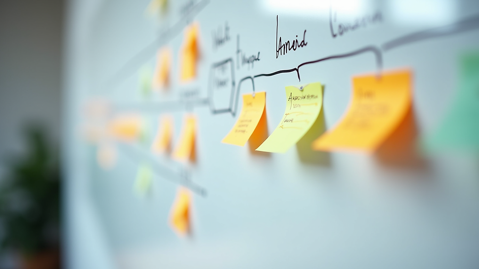 Close-up view of a value stream map diagram on a whiteboard with sticky notes and markers