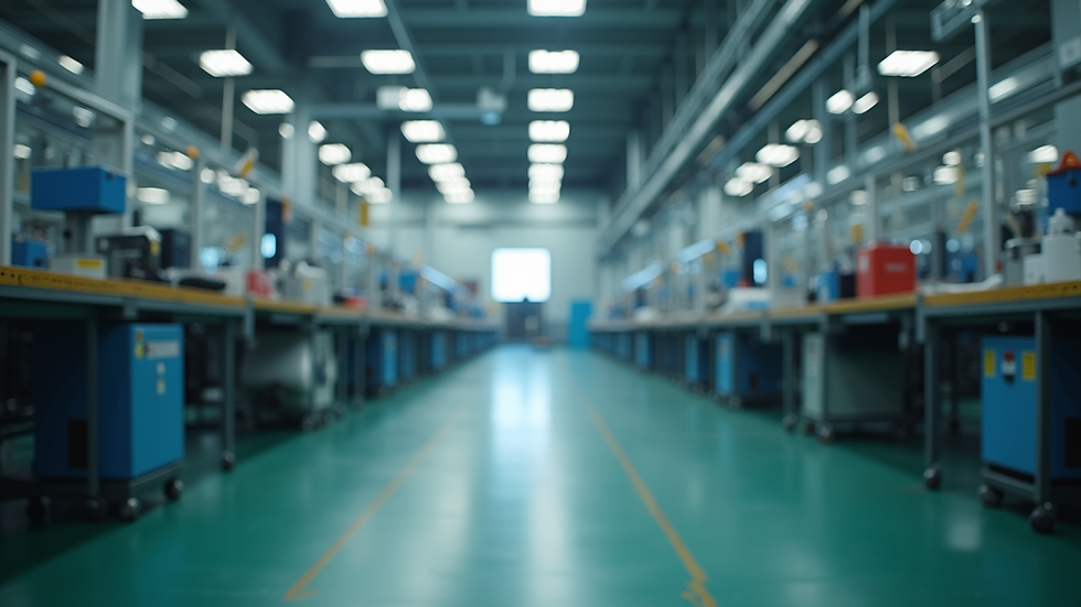 Eye-level view of a factory floor with machinery and assembly lines