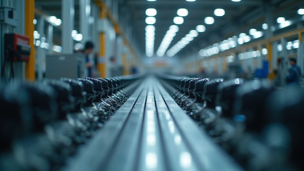 Eye-level view of an industrial assembly line with automated machinery