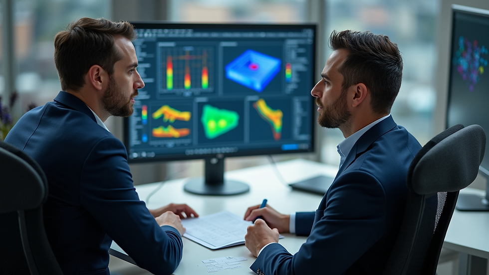 High angle view of an engineer discussing FEA results with a colleague in an office