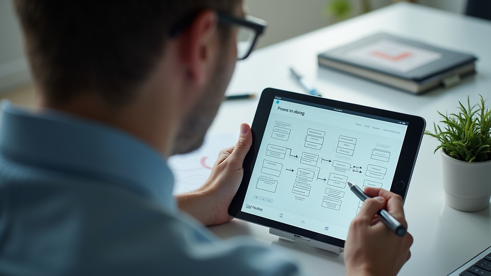 Close-up view of a consultant analyzing a process flowchart on a digital tablet