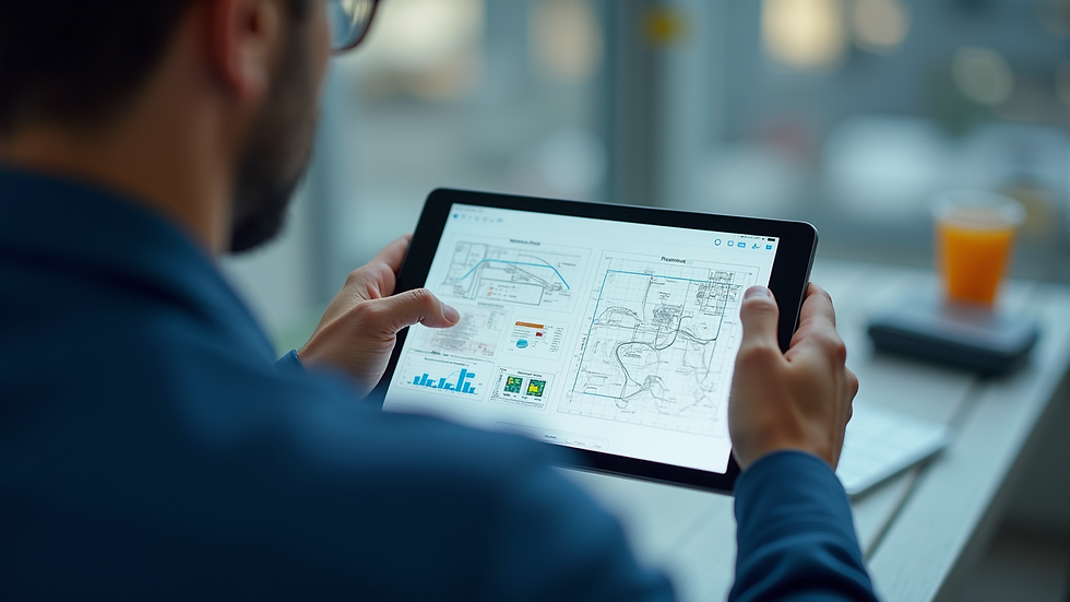 Eye-level view of an engineer reviewing process maps on a digital tablet