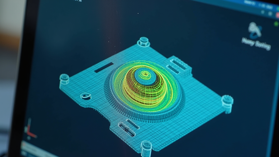 Close-up view of a computer screen displaying FEA mesh on a mechanical part