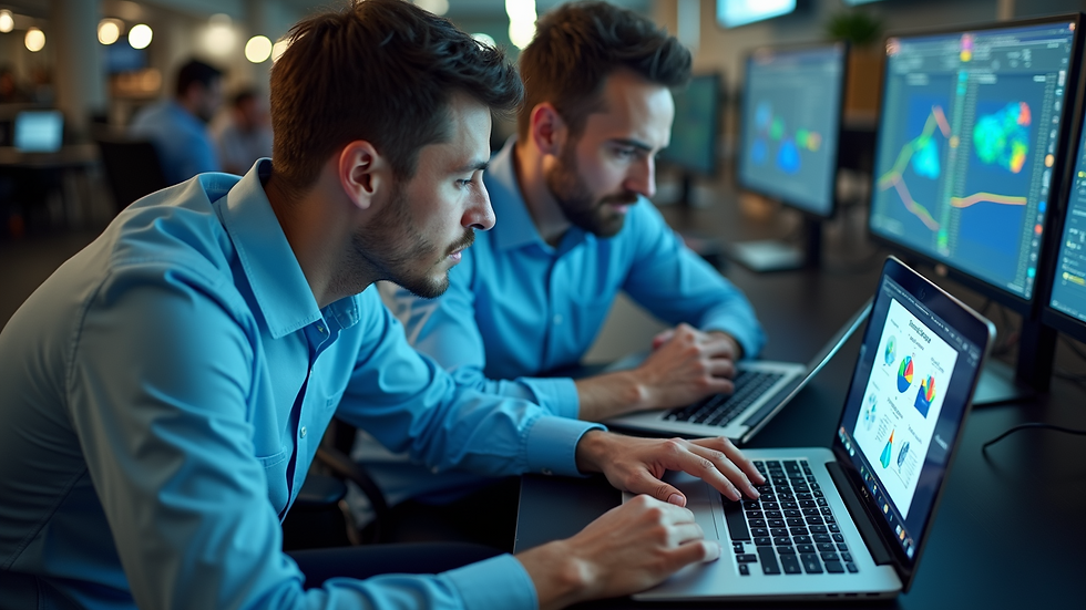 High angle view of engineers discussing simulation results on a laptop