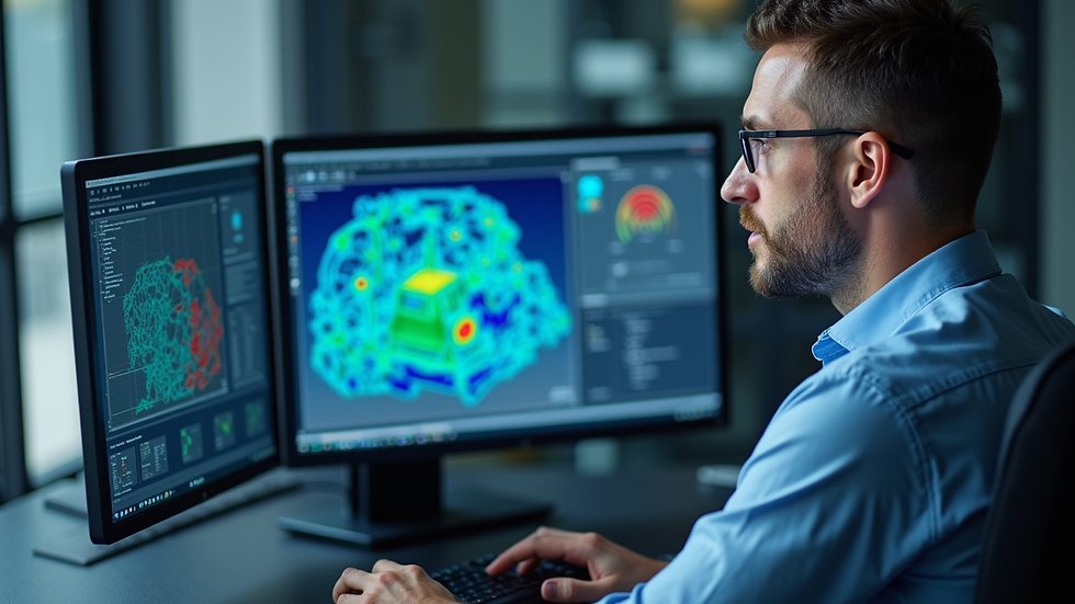 High angle view of an engineer analyzing FEA simulation results on a large monitor