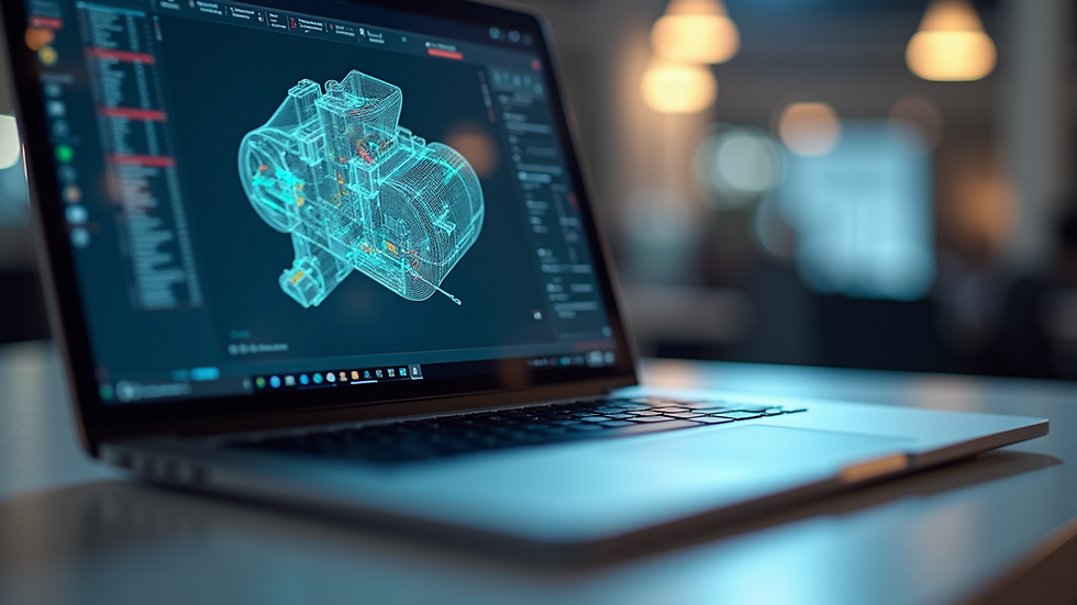 Eye-level view of a laptop displaying a 3D mechanical model on an online FEA platform